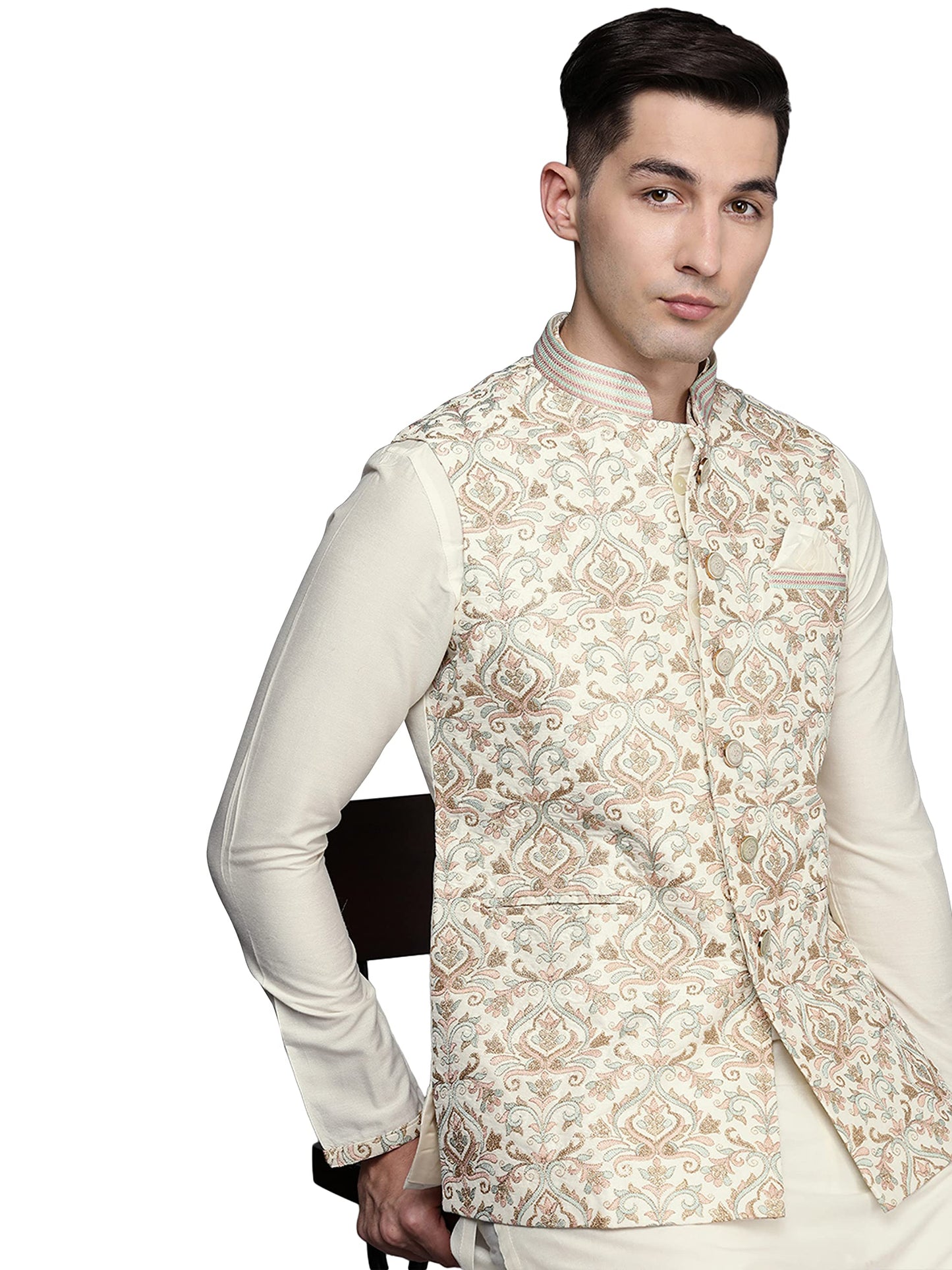 Manyavar Kurta Jacket Set for Men, Full Sleeves Mandarin Collar Ethnic Kurta Jacket Set for Festival, Wedding, Party Blended Viscous (Off White) (M)