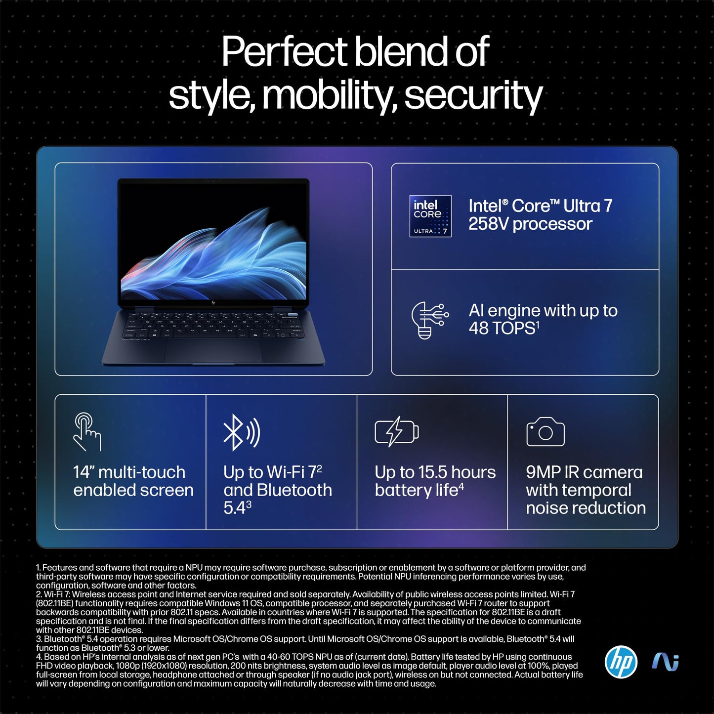 HP OmniBook Ultra Flip (Previously Spectre) Intel Core Ultra 7 258V 47 TOPS (32GB LPDDR5X, 1TB SSD) OLED, 500 nits,14''/35.6cm, Touch 2-in-1, Win11, Office21, Blue, 1.34kg, fh0046TU Next Gen AI Laptop