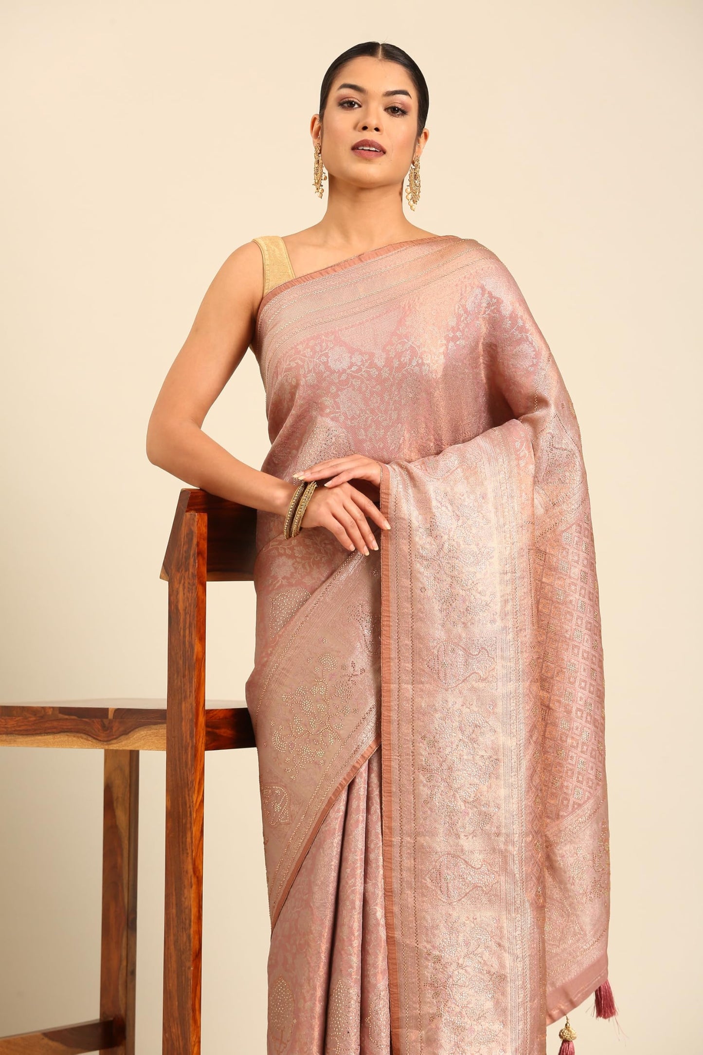 MOHEY Women's Art Silk Stone Work|Zari Saree (Dusty Pink)