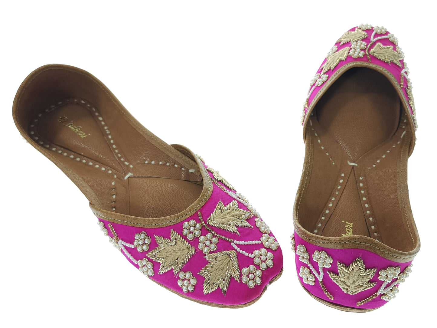 Fulkari Women Palm Leaf Gold Soft Embroidered Jutis | Bite and Pinch Free Jutti | Punjabi Formal Juttis | Girl's Wedding Flat Ladies Mojari | Formal Ethnic Juti |