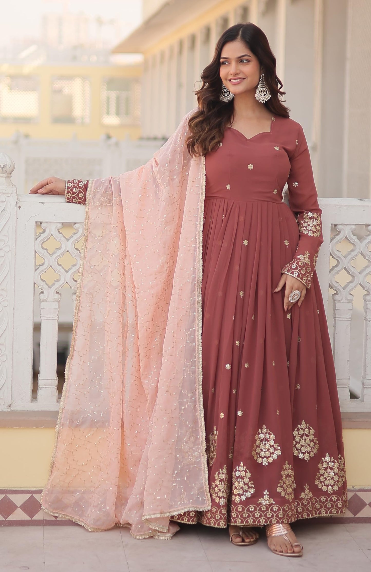 Fashion Basket Women's Georgette Anarkali Ankle Length Dress Maroon