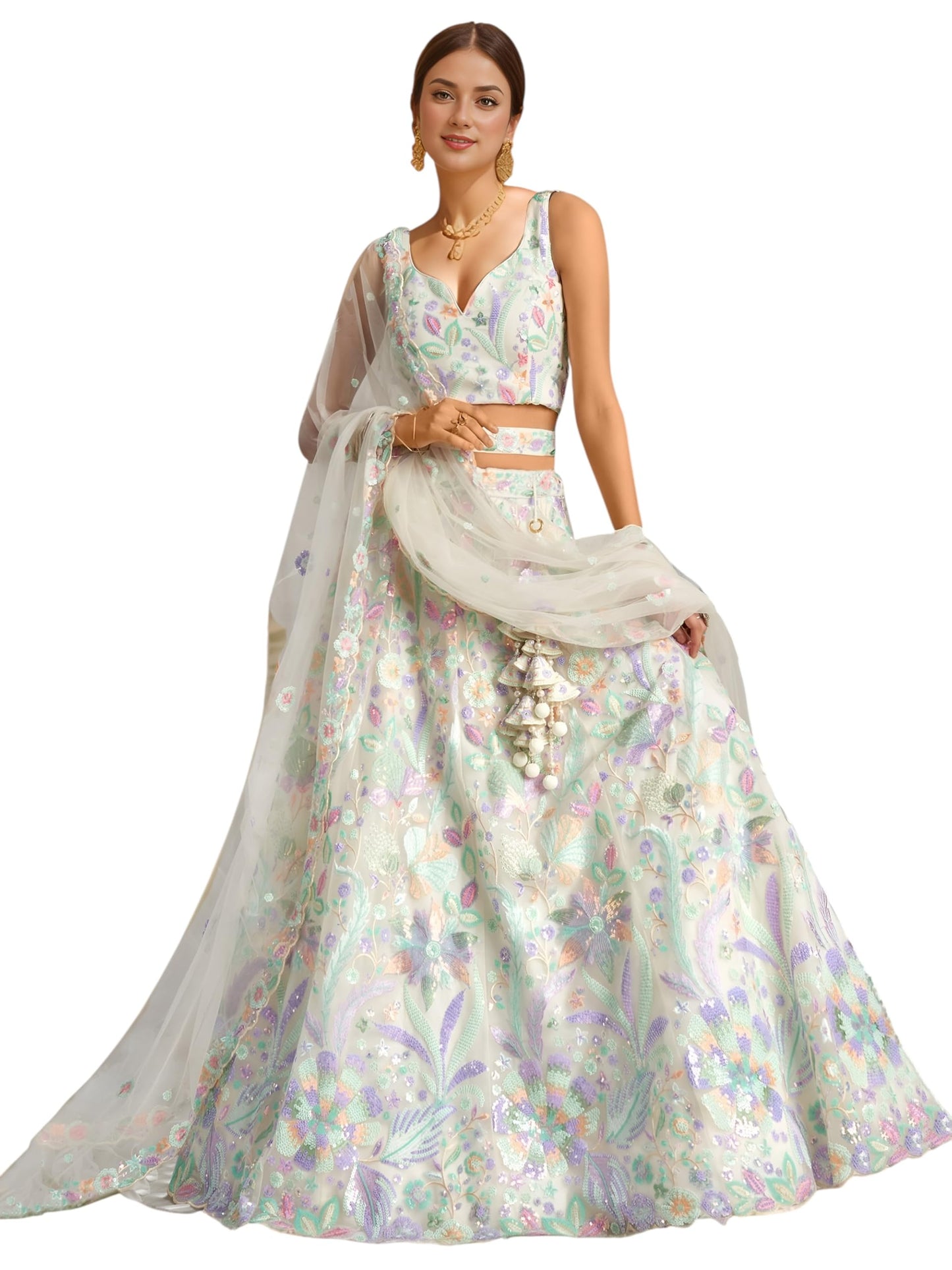 Zeel Clothing Women's Sequins Embroidered Work Soft Net Lehenga Choli With Dupatta (6020-Women-Lehenga-Choli-Latest; Free size) (White) (White)