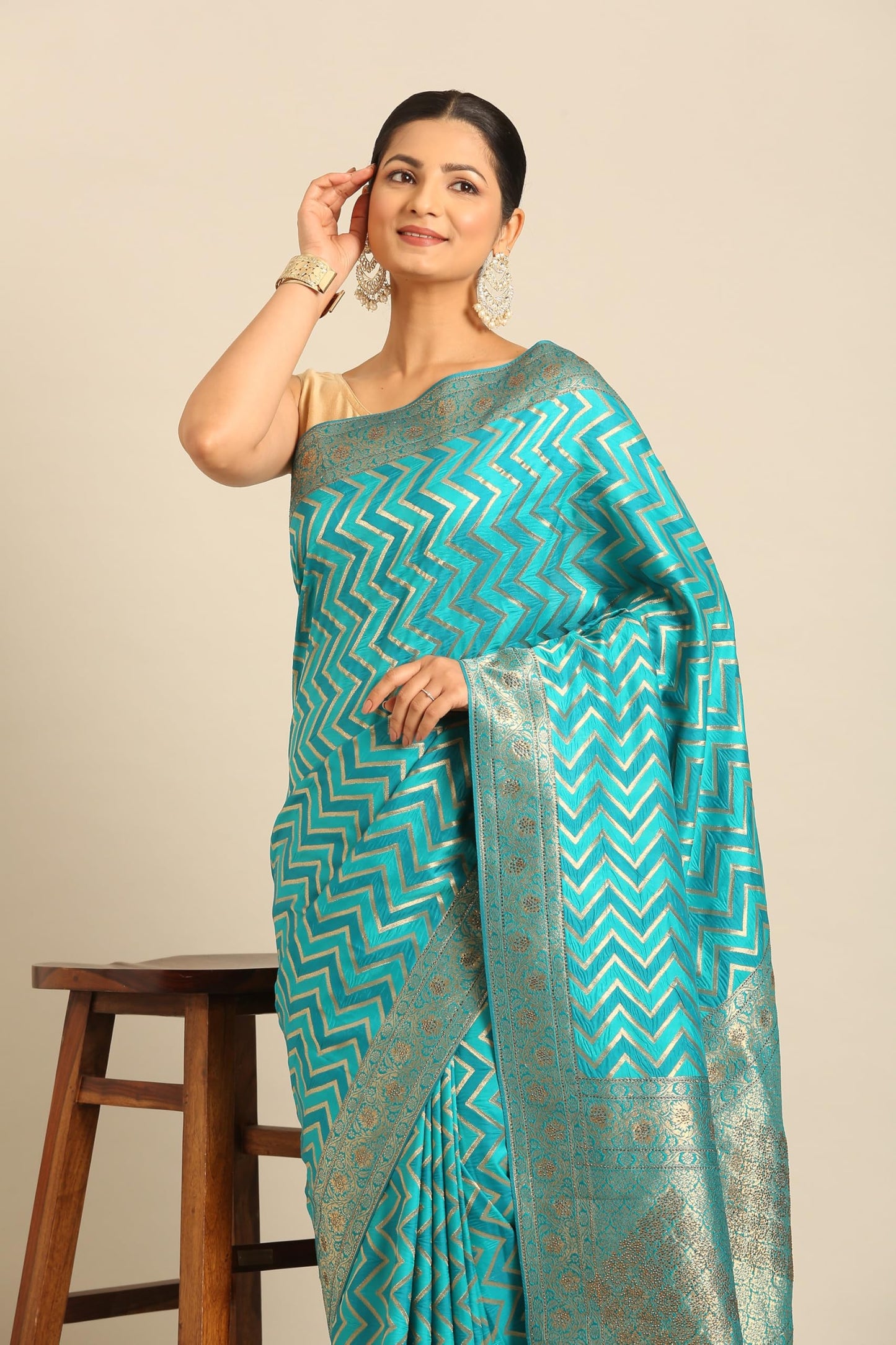 MOHEY Women's Blue Art Silk Embroidered|Zari Weave Saree