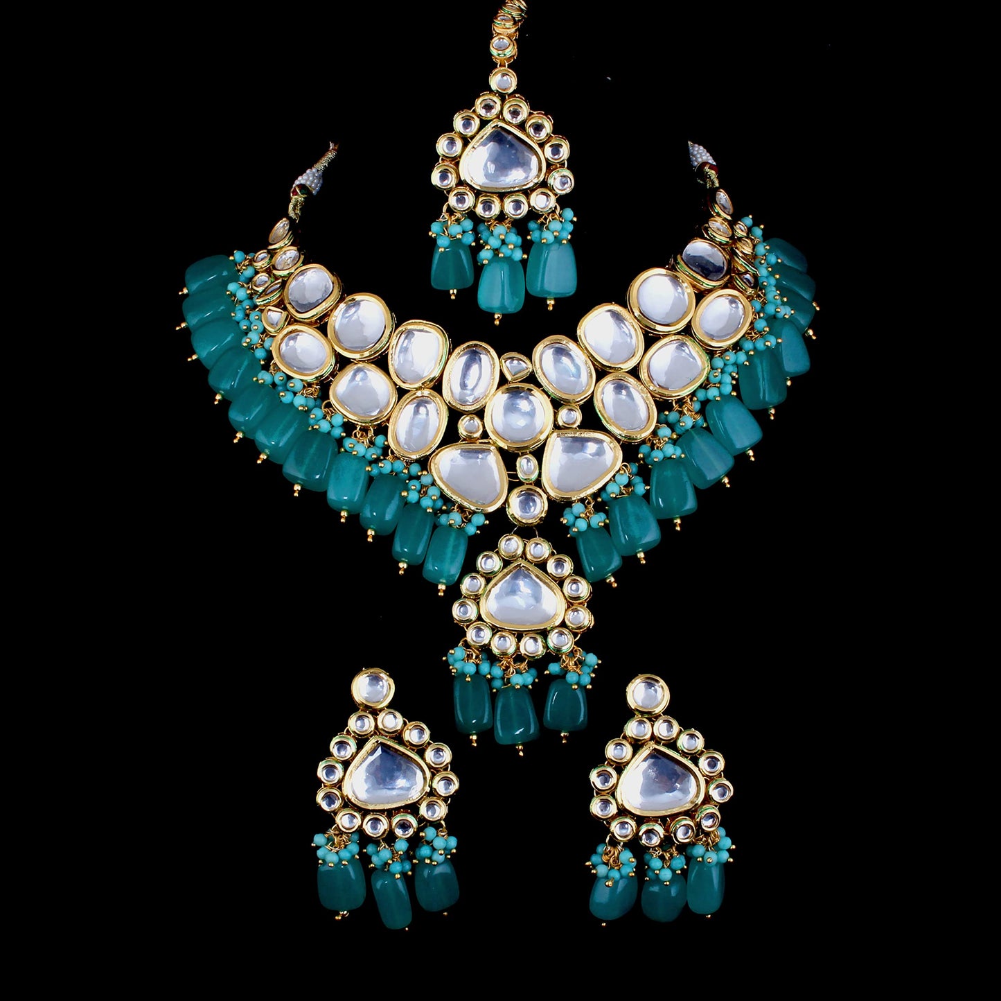 Lucky Jewellery Meenakari 18K Gold Plated Turquoise Blue Pentagon Shape Uncut Kundan Combo Necklace Set For Women