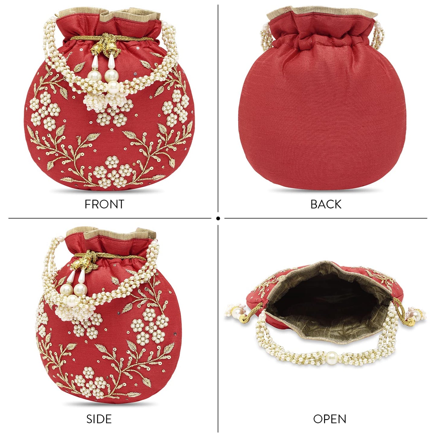 Peora Red Potli Bags for Women Evening Bag Clutch Ethnic Bride Purse with Drawstring(P86R)