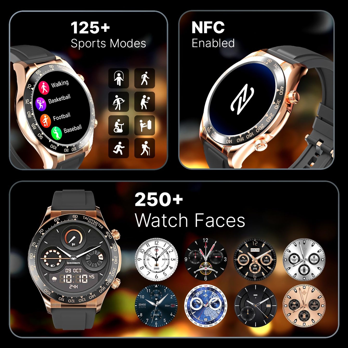 CrossBeats Monarch 1.43” UHD Infinite Display Smartwatch| Advanced Bluetooth Calling| 700 Nits| 125+Sports Modes| Spo2 Tracking| 360 * 360 Pixels (Round Silicone - Gold)