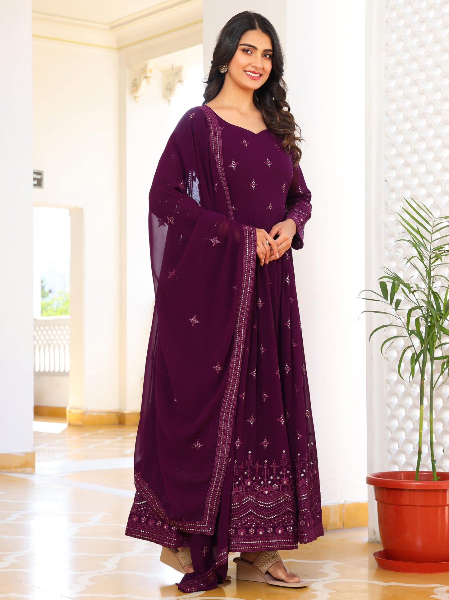 Fashion Basket Women's Georgette Anarkali Lond Dress with Duptta Purple