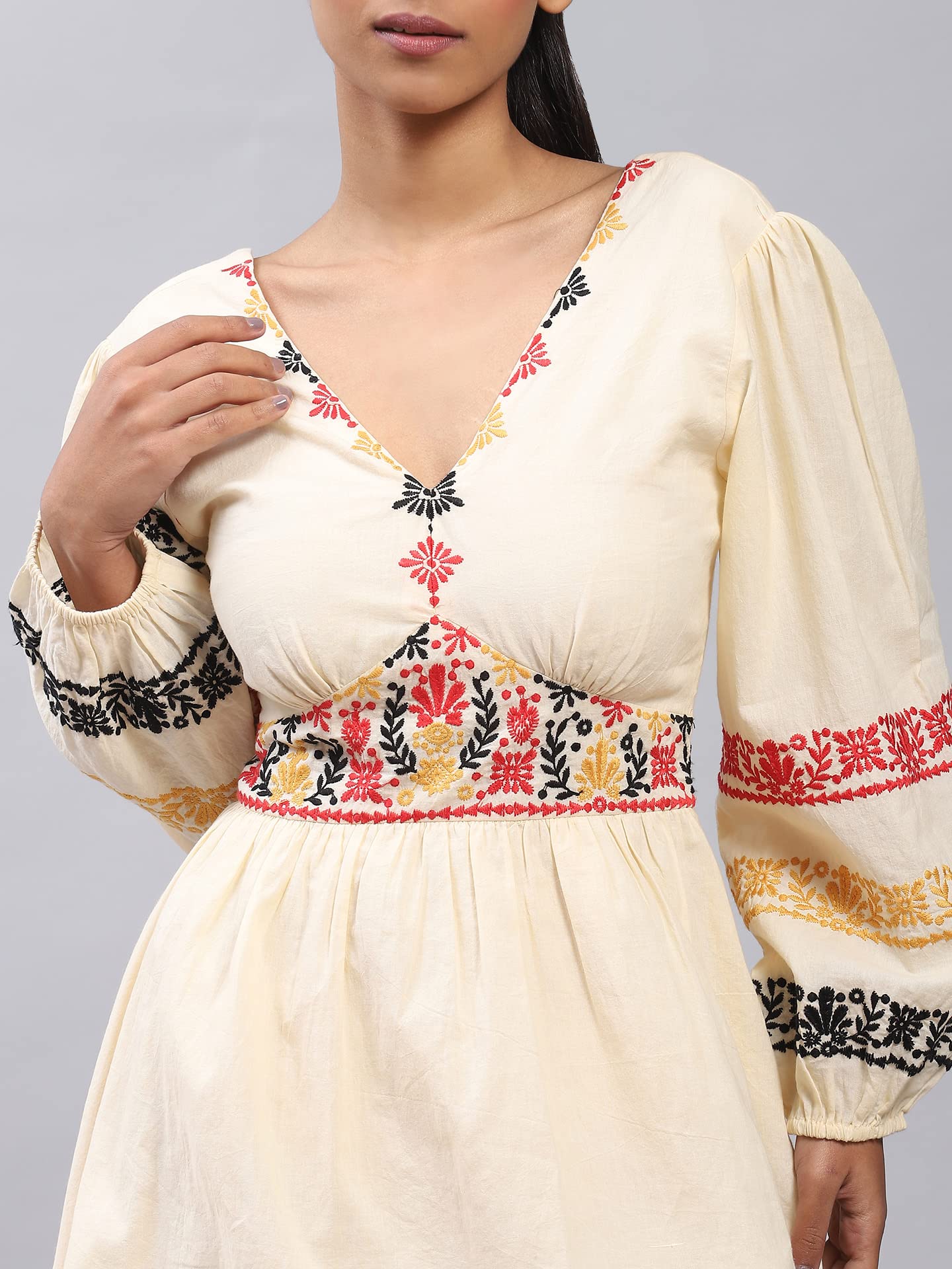 white christmas dresses Label RITU KUMAR Women Cotton V Neck Full Sleeve Embroidered Short Casual  Dress White