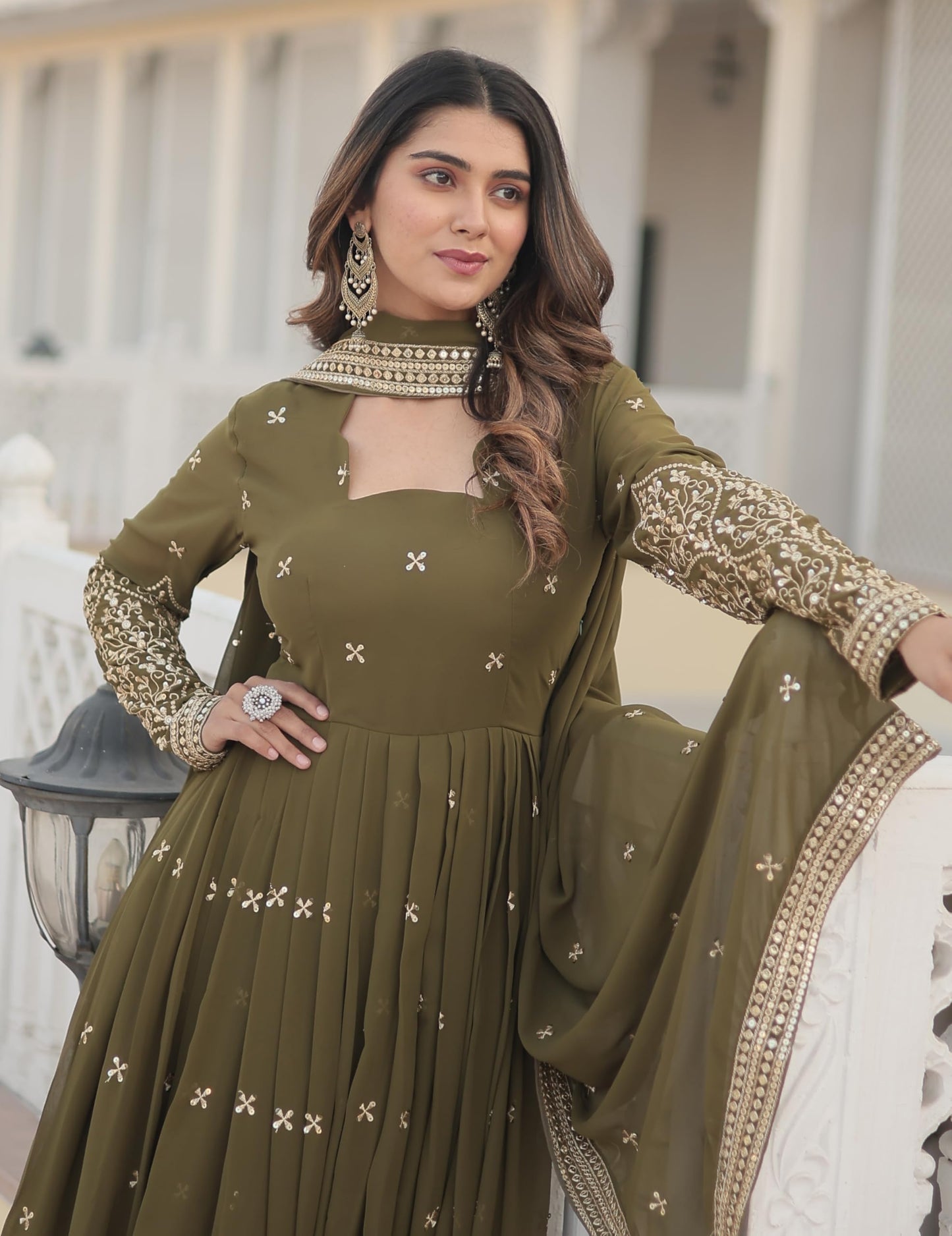 Fashion Basket Goergette Kurta with Duptta Olive