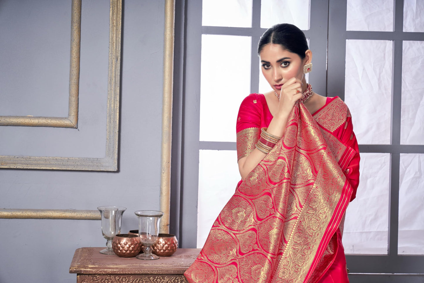 Vardha Women's Banarasi Satin Silk Saree with Unstitched Blouse Piece - Zari Woven Work Sarees for Wedding (Urvi_706)