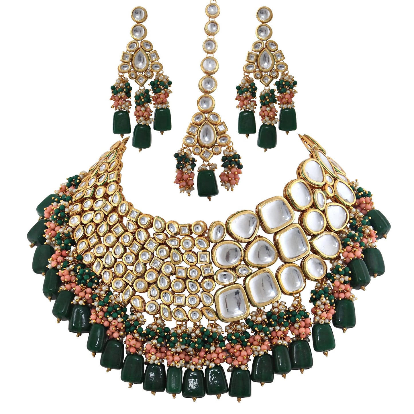 Lucky Jewellery 18K Gold Plated Multicolor Kundan Stone/Uncut Kundan/Dibbi Kundan/Meena Kundan/Lucknow Kundan with Tumble Drop Bridal Set for Girls & Women (8656-M4SK-1568-WPHG)