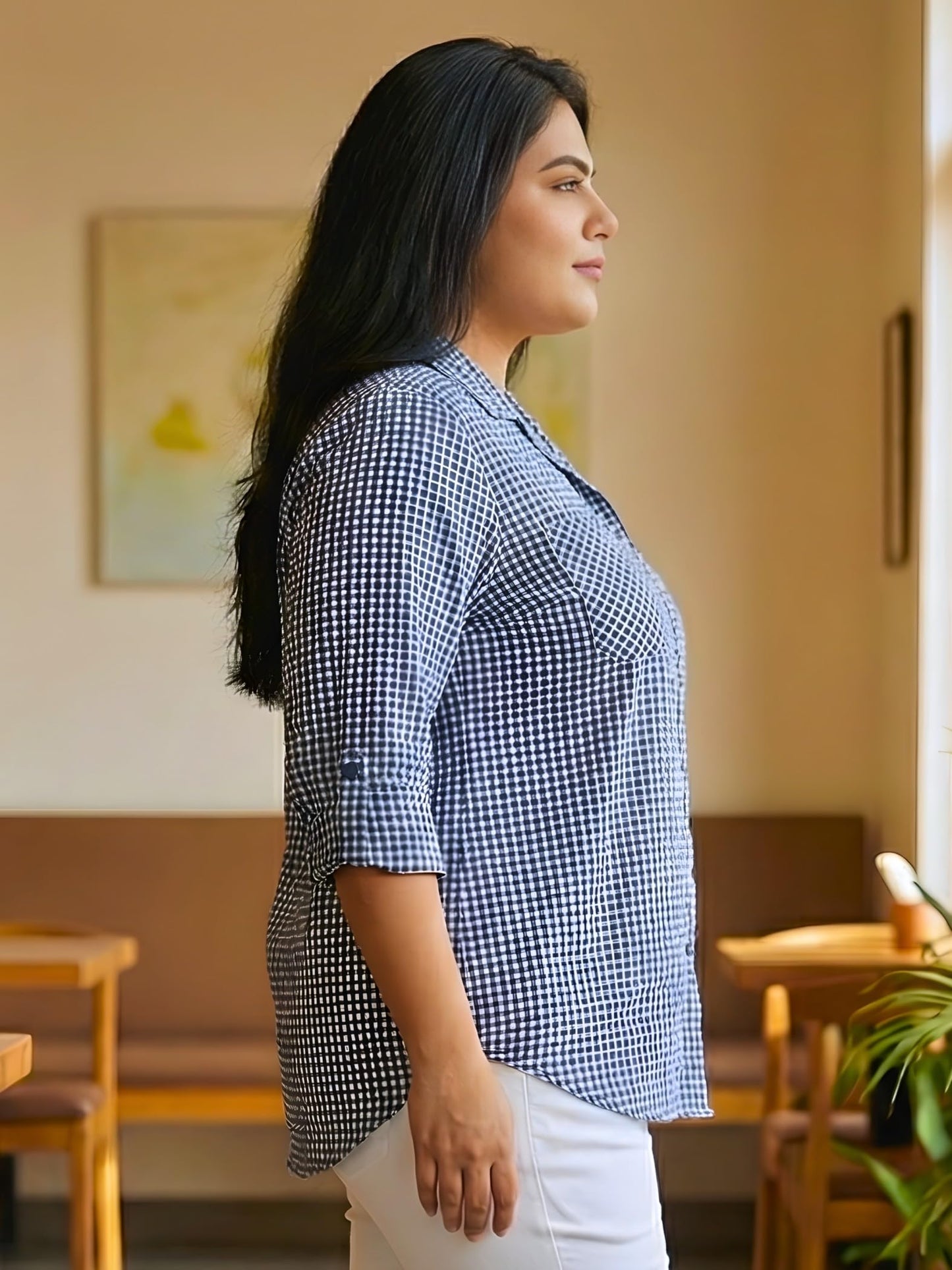 Indietoga Women Plus Size Checks Woven Cotton Wool Blend Winter Wear Shirt (P10001664_Blue Checks_2XL)