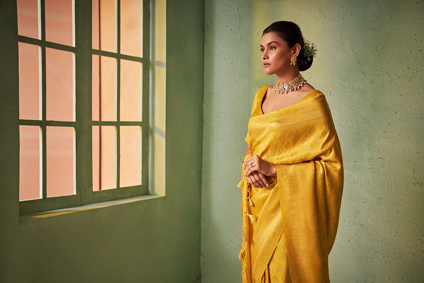 Vardha Women's Kanjivaram Art Silk Saree, Zari Woven, Gold, Unstitched Blouse - Yellow Sari Asya Vol.5, 565