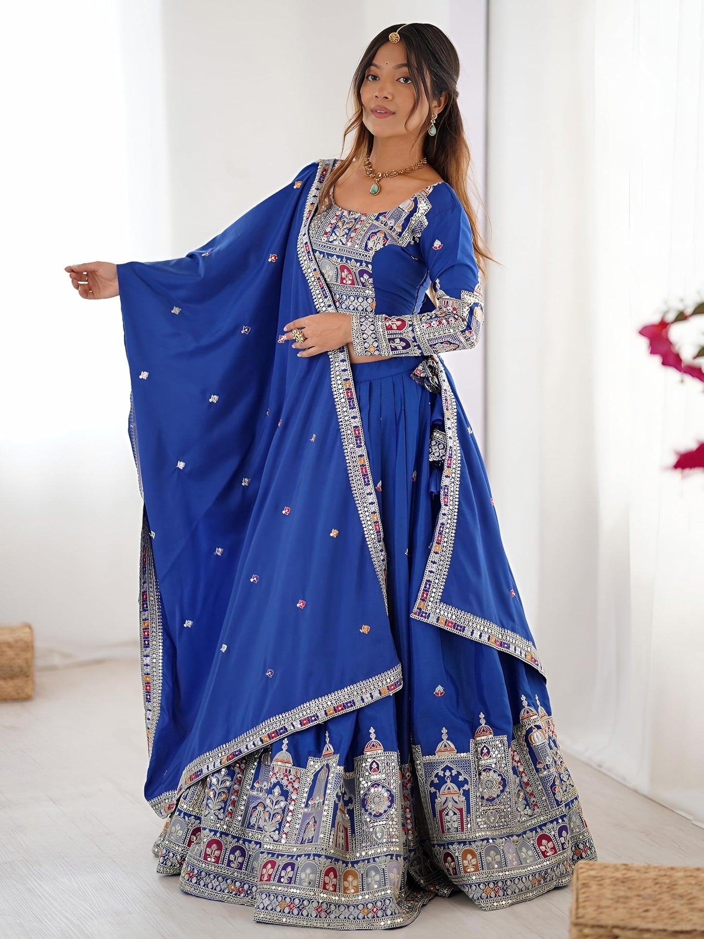 Zeel Clothing Women's Sequins Thread Embroidered French Crepe Lehenga Choli With Dupatta (5118-Royal-Blue-Women-Lehenga-Choli; Free size) (Royal Blue)