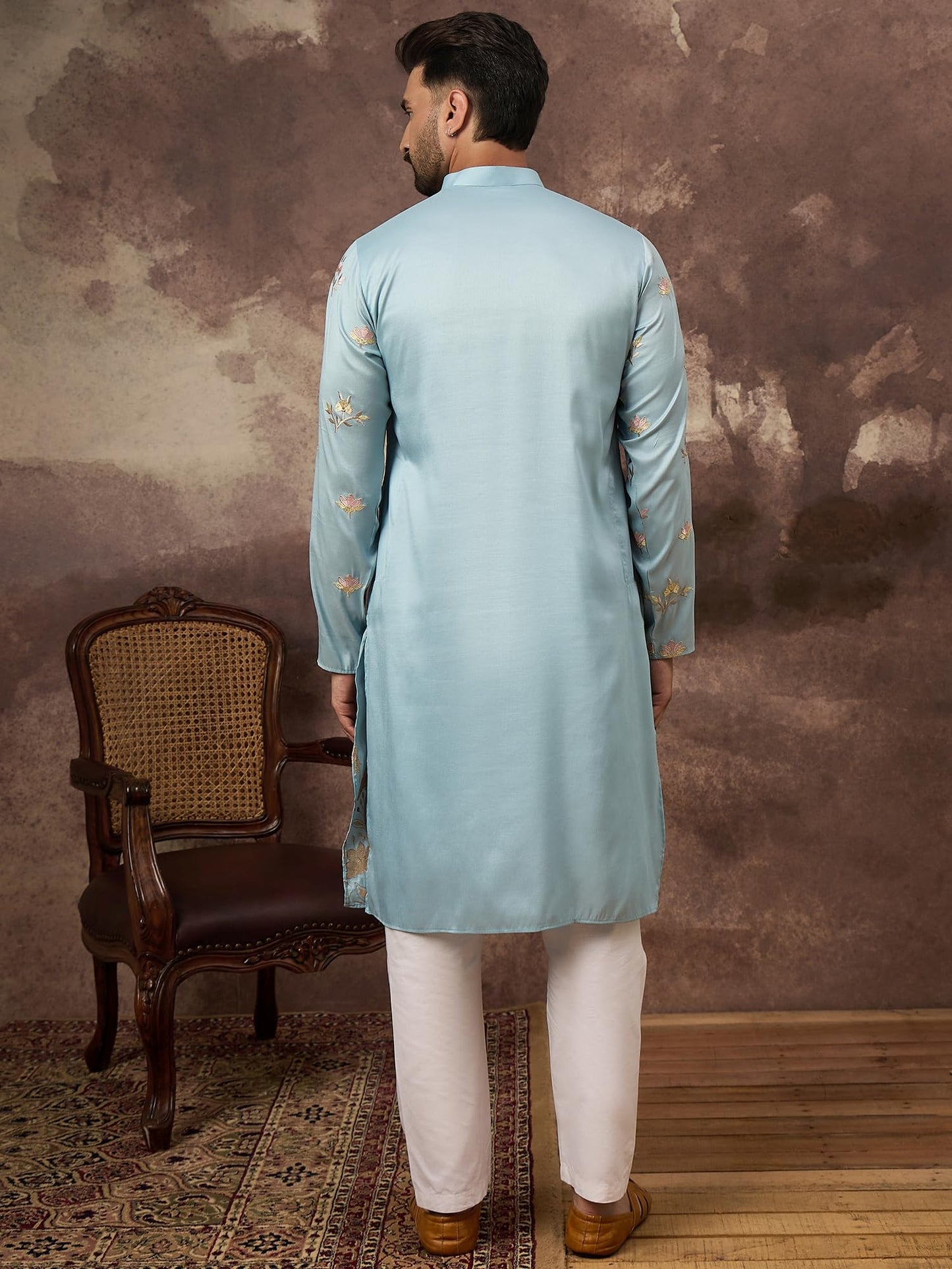 Ethnic Bay Men's Silk Blend Embroidered Solid Calf Length Kurtas | Men | Kurtas for Mens | Straight Fit Kurta for Men's Blue
