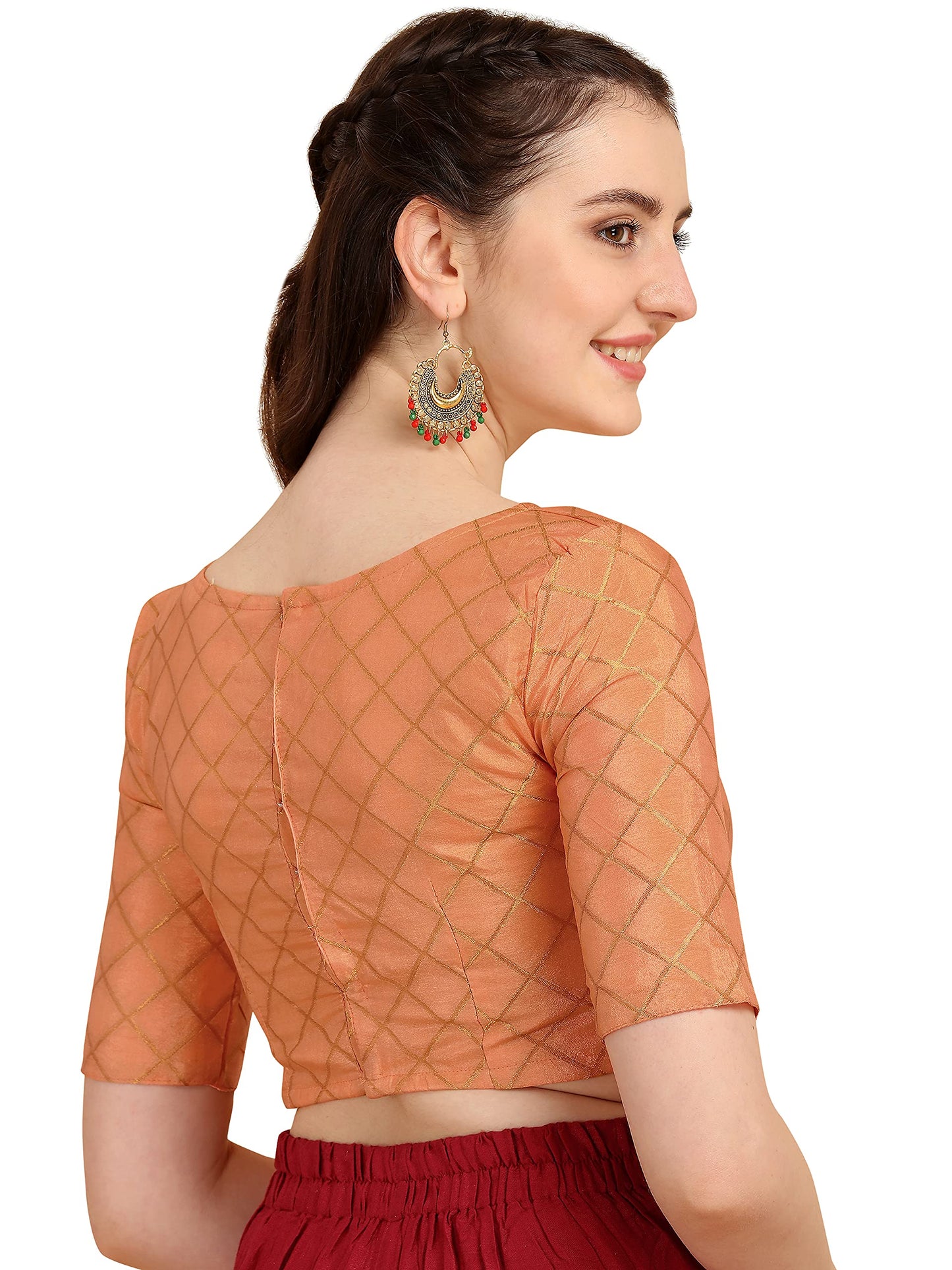 OOMPH! Women's Art Silk Checkered Half Sleeve Blouse (rbbl68l_Salmon Red_L)
