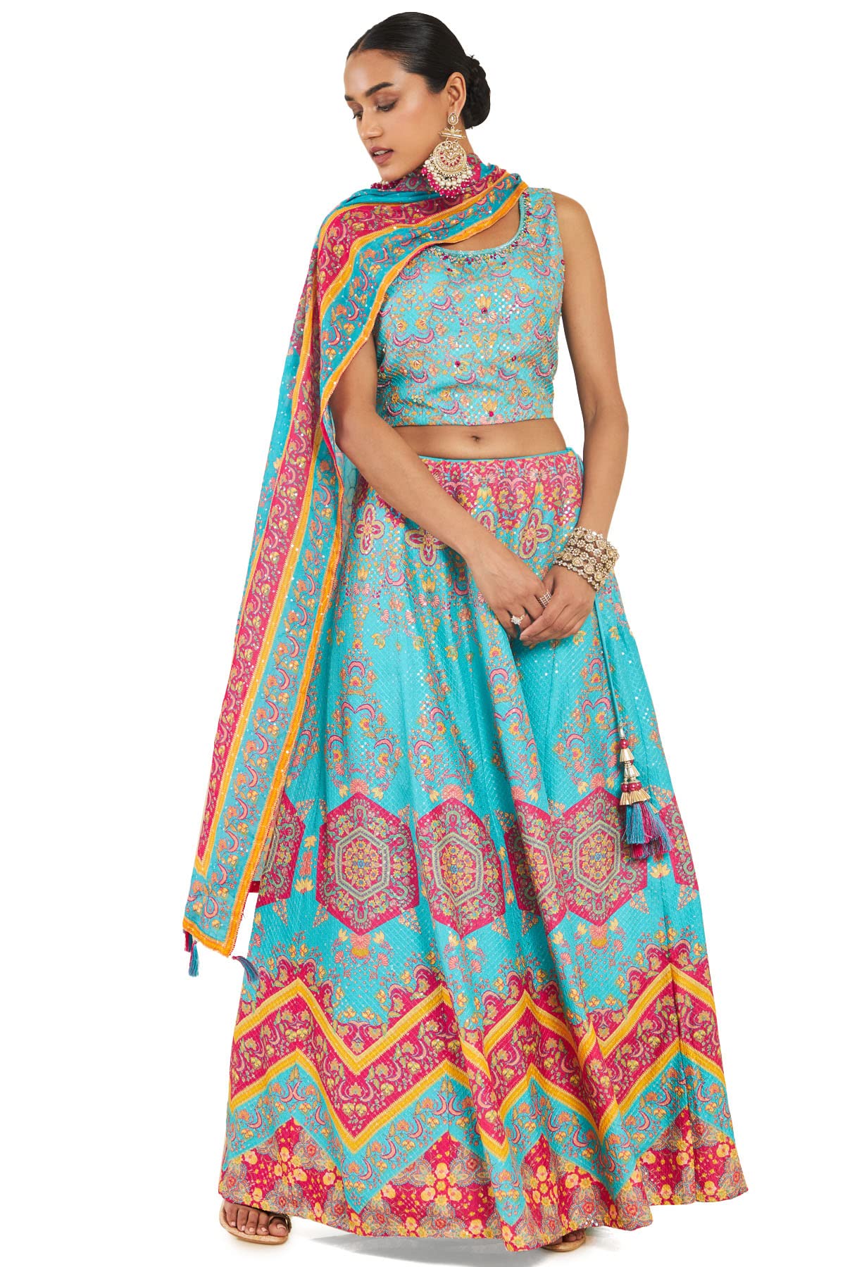 Soch Women Blue Cotton Blend Floral Lehenga Choli (8907175296448_Blue_Large)