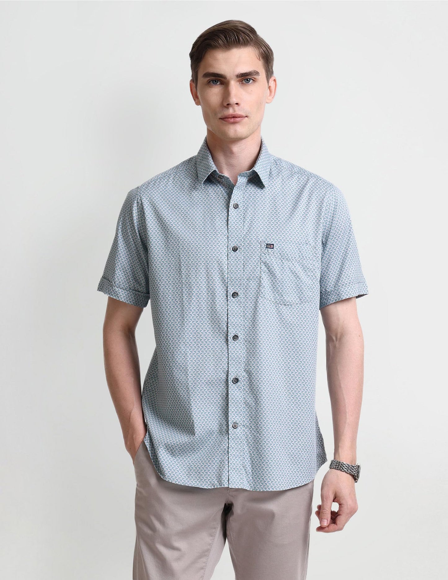 Arrow Men Cotton Geometric Regular Fit Shirt (ASAISH1644_Teal, 42)