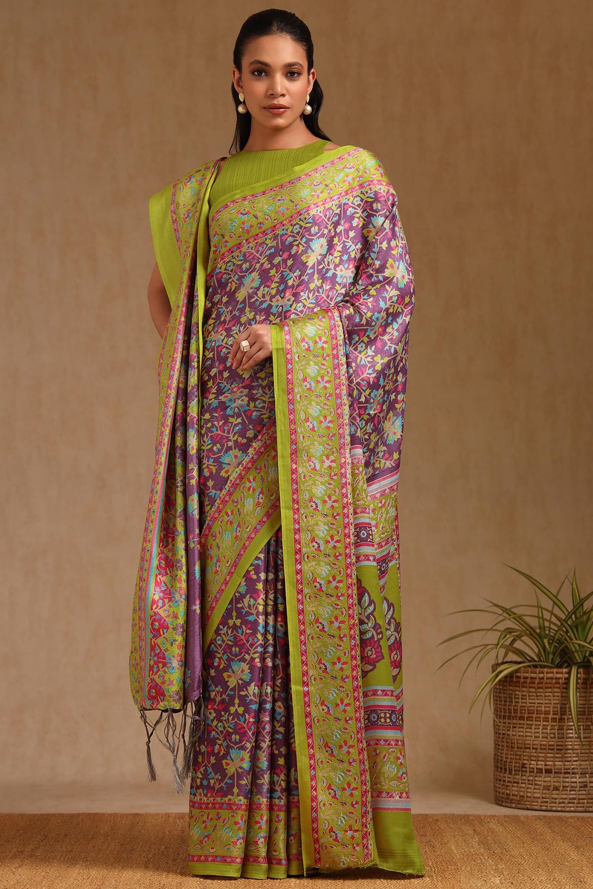 Soch Womens Purple Pashmina Floral Print Saree