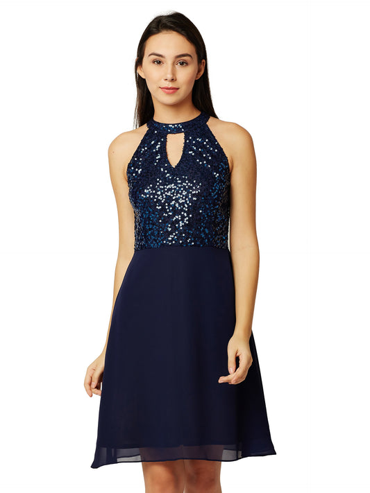 Miss Chase Women's Flowy Sequin Georgette Skater Dress(MCSS18D10-61-71-04,Navy Blue,Medium)