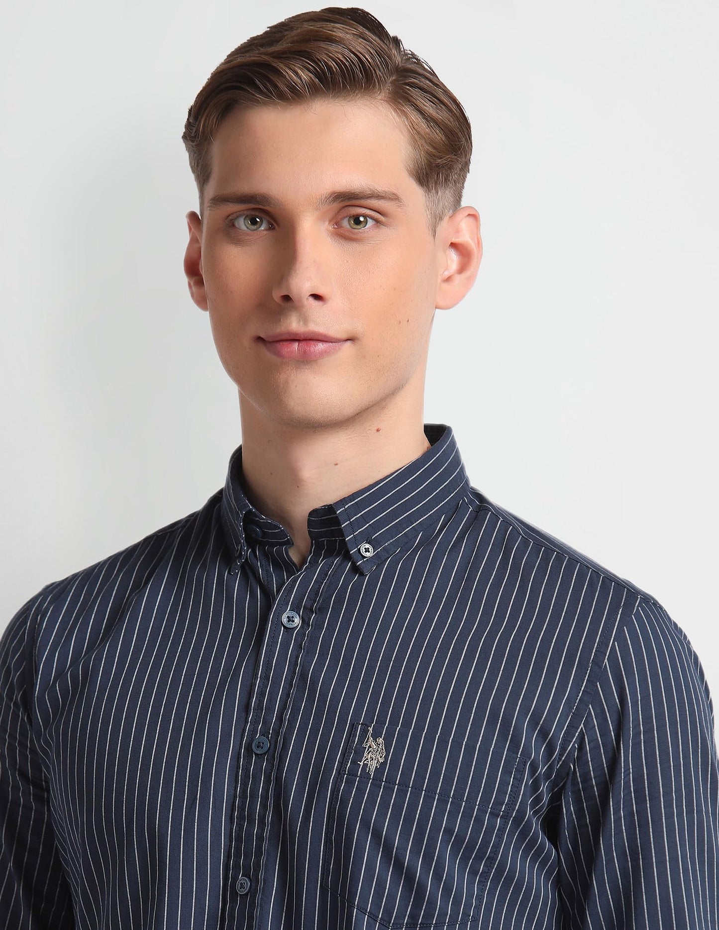 U.S. POLO ASSN. Men's Cotton Striped Slim Fit Shirt (UDSHT0922_Navy, 42