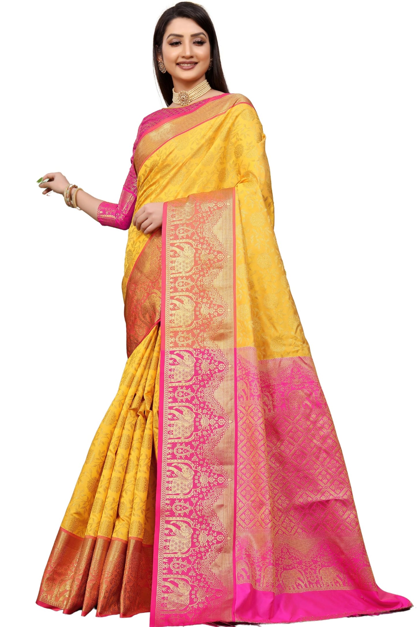 AMIRAT Women Kanchipuram Silk Woven Zari Saree | Kanjeevaram Silk Sari With Contrast Border And Blouse (Yellow)