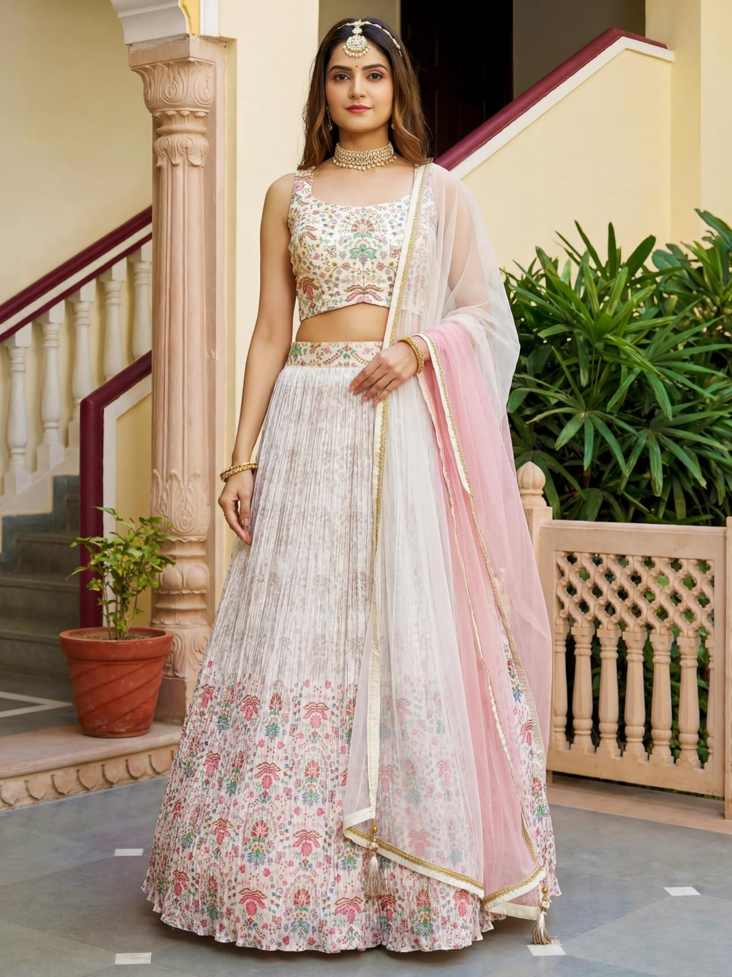 Zeel Clothing Women's Floral Printed Georgette New Lehenga Choli with Dupatta (5081-White-Women-New-Lehenga-Choli; Free Size)