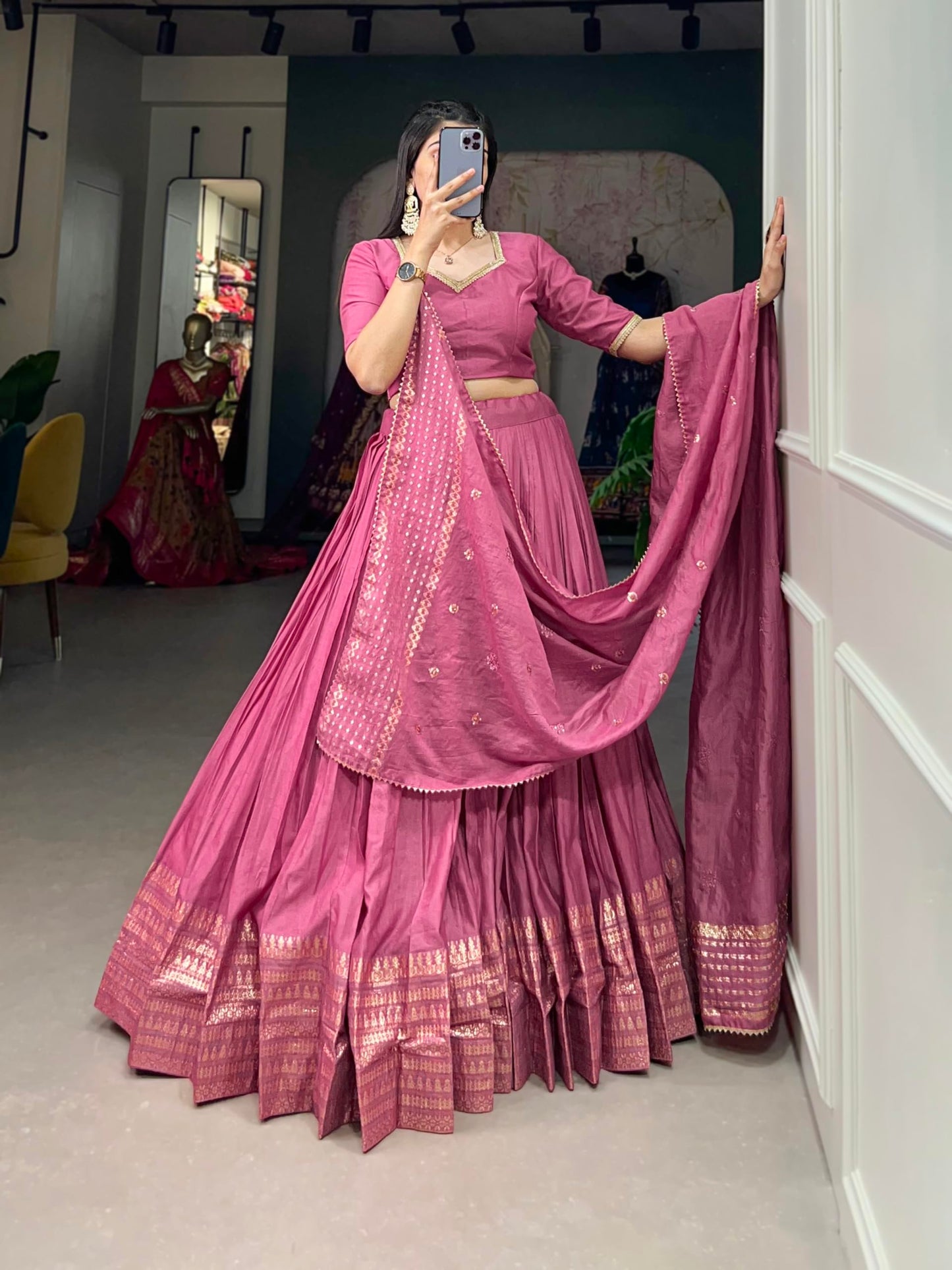 LooknBook Art Women's Plain Chanderi With Zari Weaving Work Border Lehenga Choli (Pink)