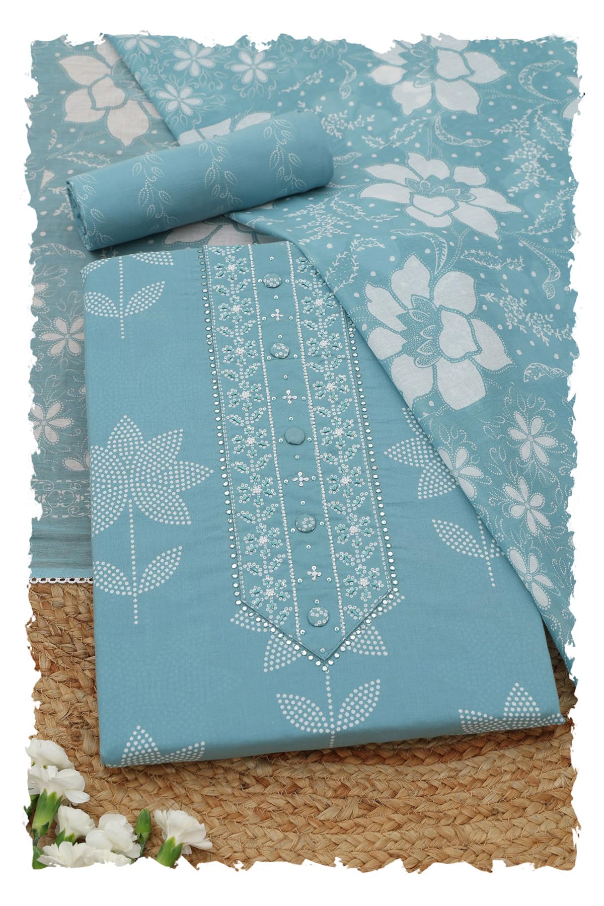 Soch Womens Blue Cotton Floral Dress Material With Beads