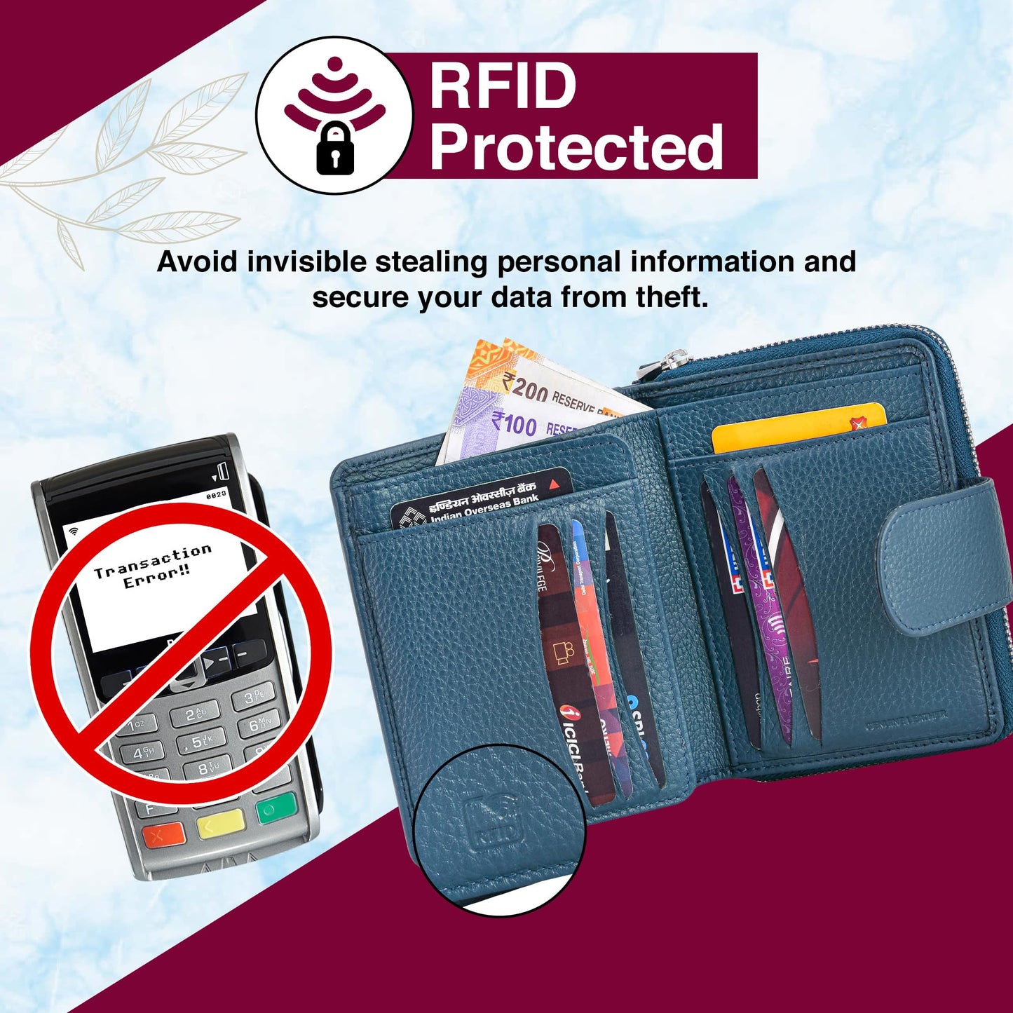 SKYLE Leather Wallet for Women (Blue), RFID Wallets for Girls, Small Ladies Wallet, 14 Card Slots, Cash & Coin Compartment, Purse with Button Closure & Strong Zipper