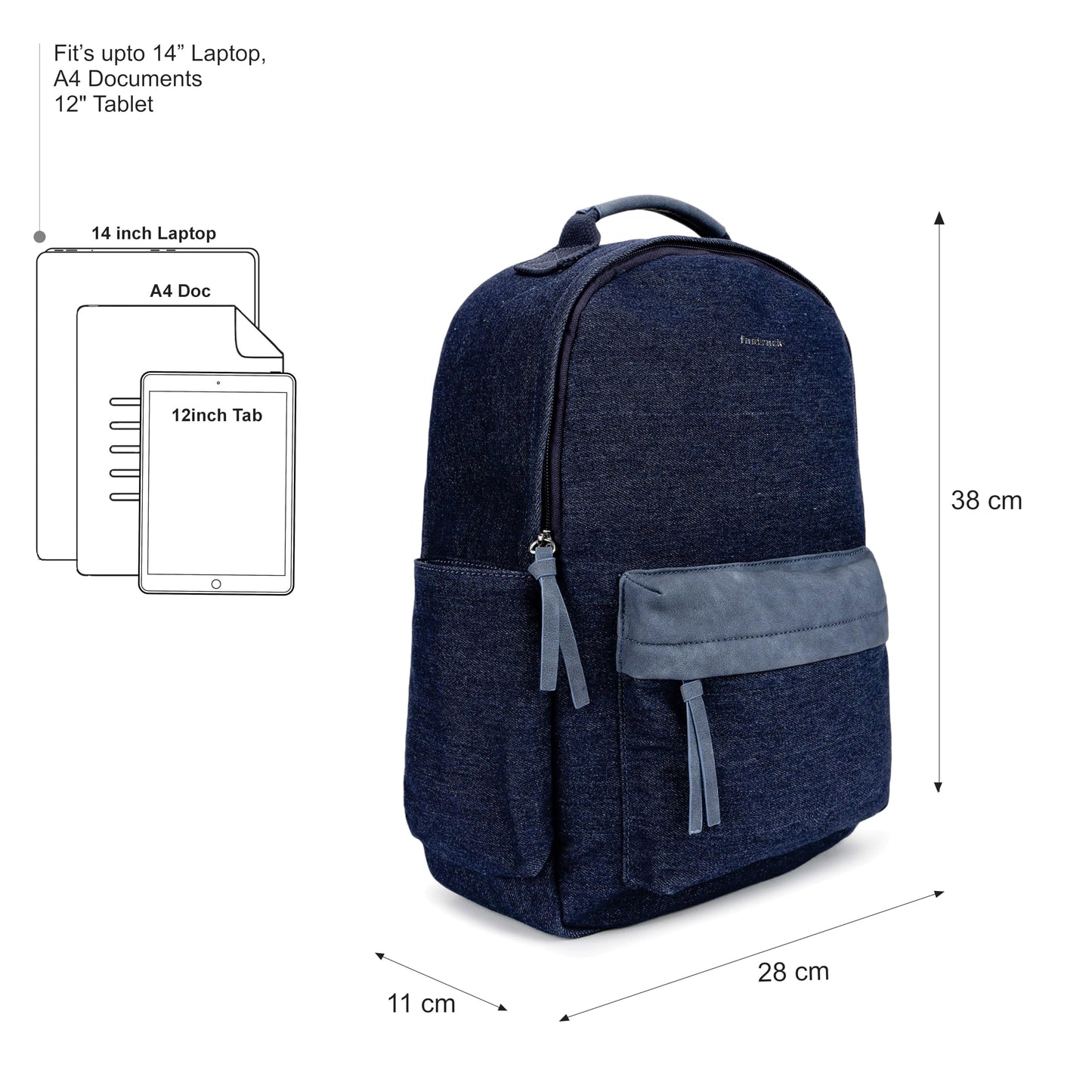Fastrack True Denim backpack | 14-Inch Laptop Compatible | Sturdy Build | Dual Bottle Holders | Organizer Pocket | Zipper Closure | Natural Indigo Denim (Color May Transfer) | 6-Month Warranty