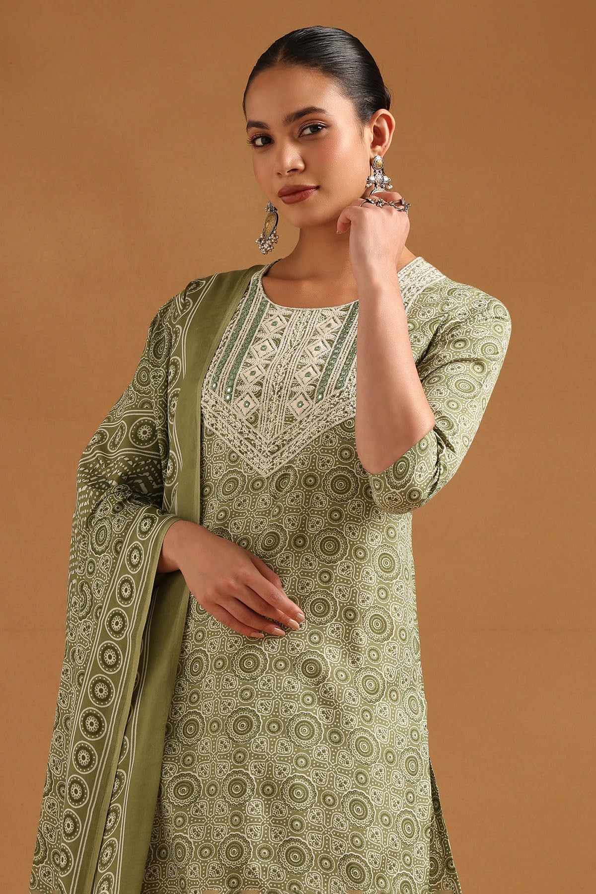 Soch Womens Green Polyester Ethnic Motifs Salwar Suit With Faux Mirror