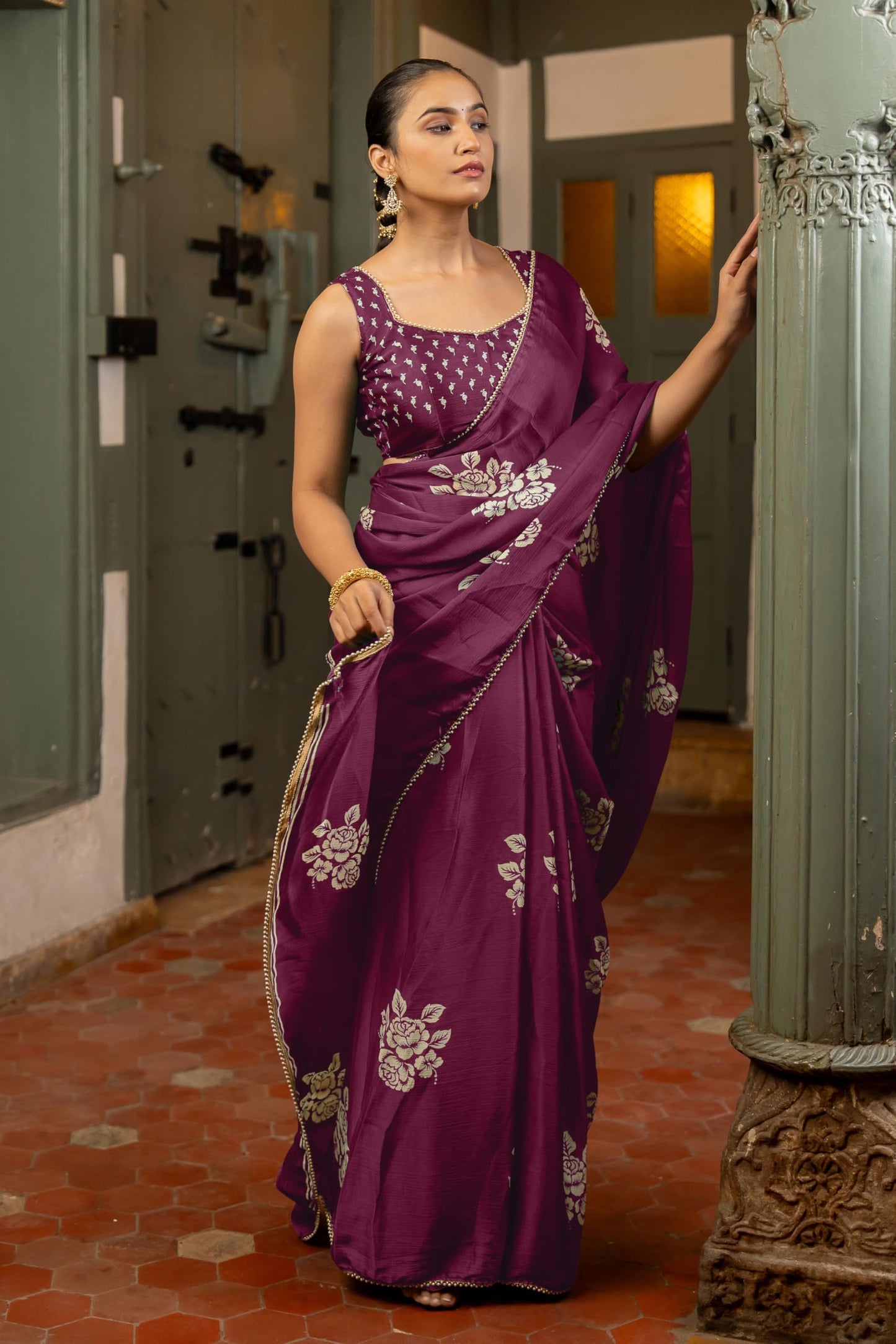 MIRCHI FASHION Women's Chiffon Floral Block Printed Saree with Blouse Piece (50473 - Dark Magenta, Beige)
