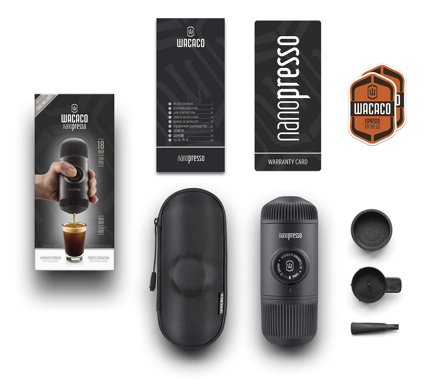 Wacaco Nanopresso Manually operated Mini Portable Espresso Maker- With Adapter-Extra Small Coffee machines for Travel, Camping, Office-Black