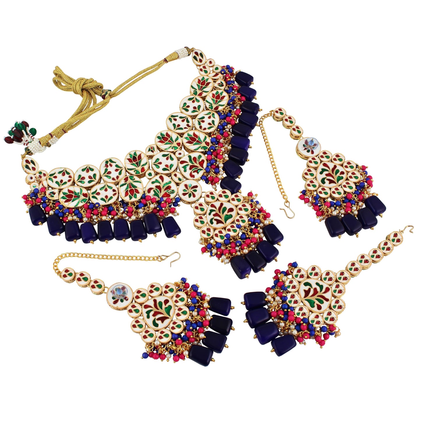 Lucky Jewellery 18K Gold-Plated Back Meenakari Uncut Kundan Choker Necklace | Elegant Blue & Magenta Color Necklace Jewelry Set for Women & Girls (2916-M6SK-1674-BR)