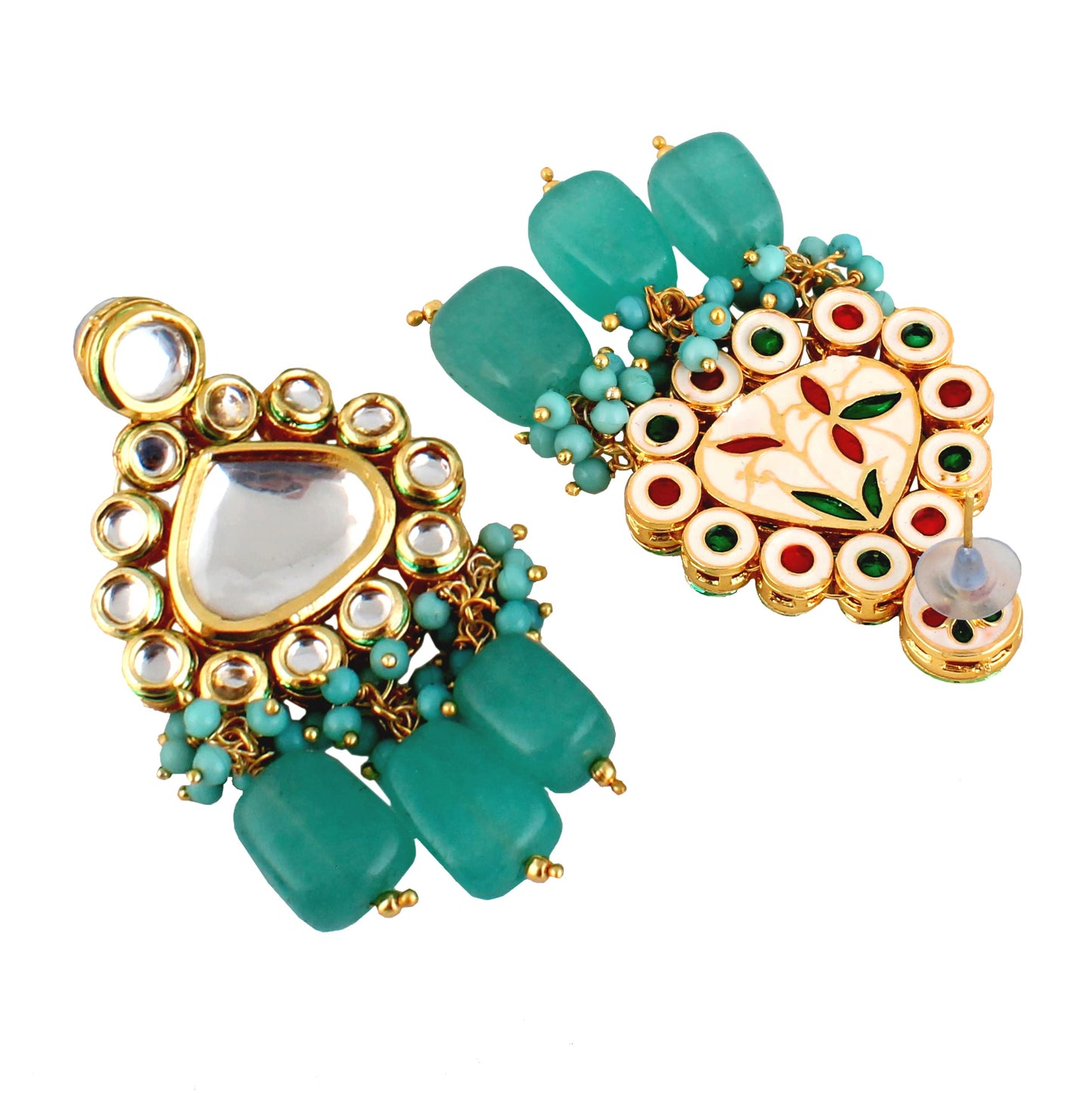 Lucky Jewellery Meenakari 18K Gold Plated Turquoise Blue Pentagon Shape Uncut Kundan Combo Necklace Set For Women