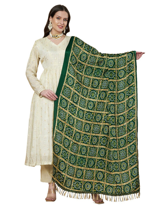 AKSHADEEP Women's Bandhani & Patola Printed Dupatta - Traditional Art Silk Dupattas Chunnis (Green), 2.20 Meters