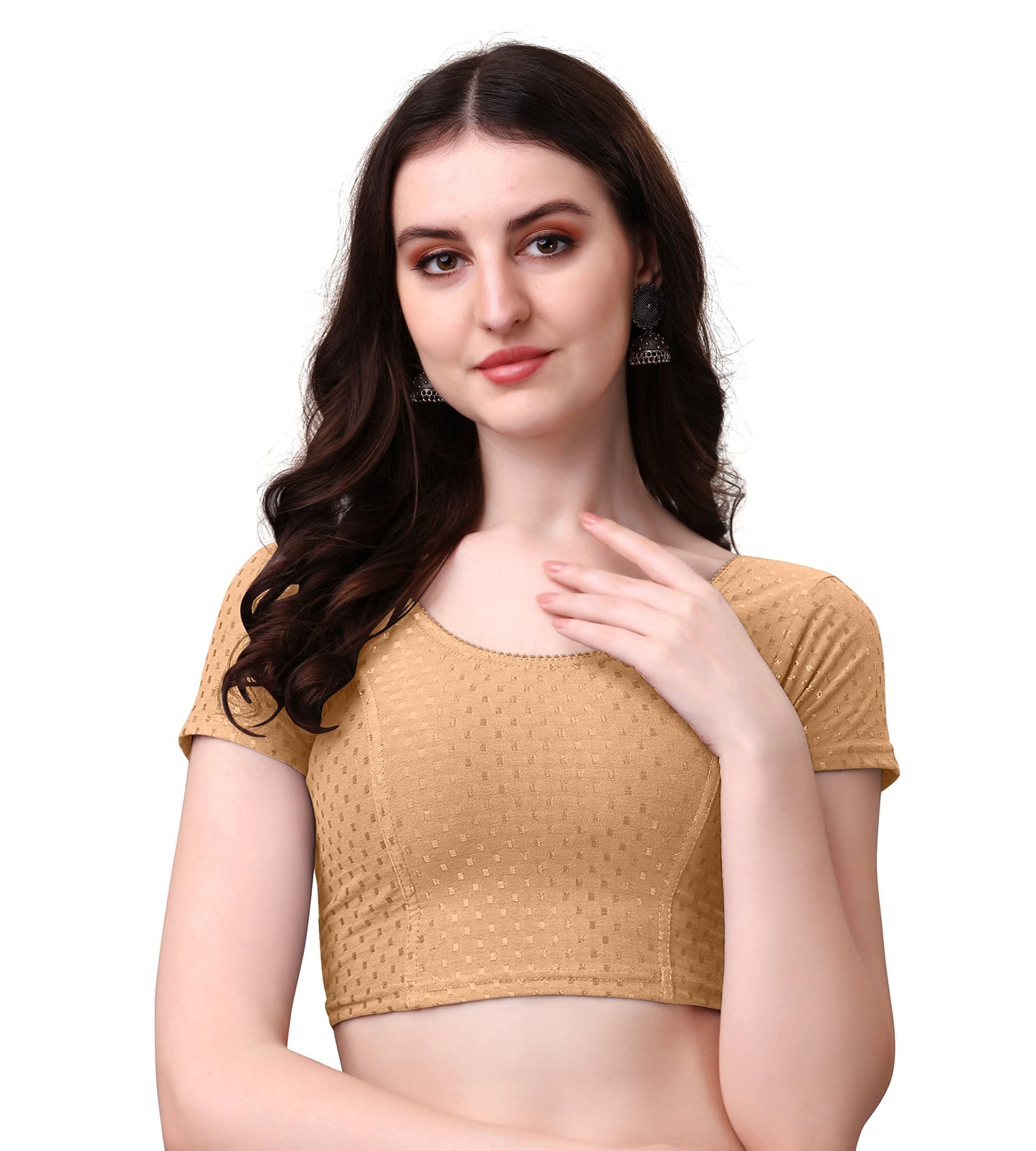 Kipzy Women's Cotton Stretchable Saree Blouse – Round Neck, Short Sleeves, Readymade Slim Fit Blouse for Women 40 Beige
