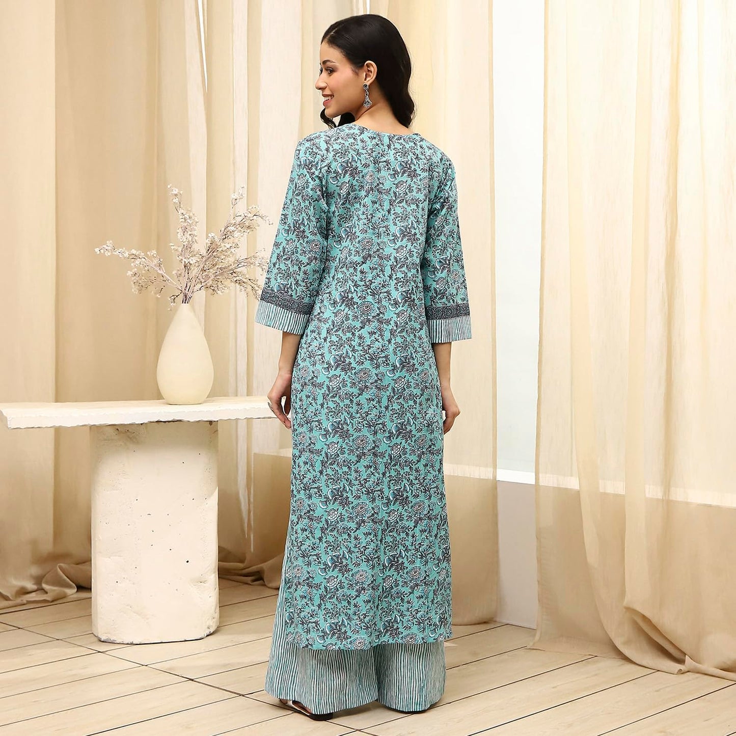 BIBA Women's Turquoise Cotton Hand Block Print Unstitched Suit Set