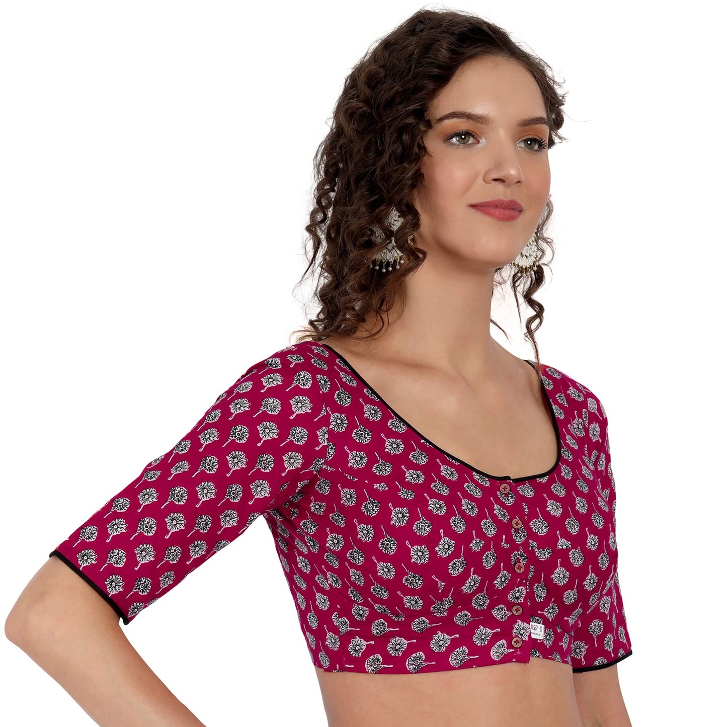 JISB Women's Printed Cotton Half Sleeve Saree Blouse (36, Red)