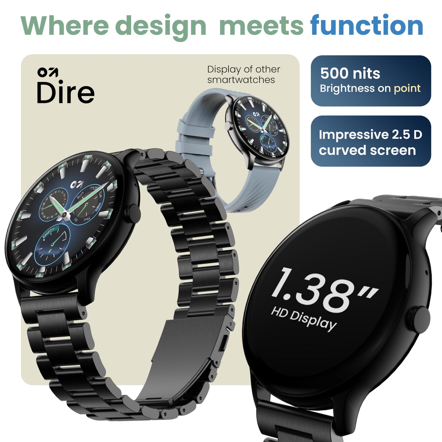 GOBOULT Dire Smartwatch: 1.38'' 2.5D Curved HD Display, BT Calling, 500 Nits Brightness, IP67, 250+ Watchfaces, 120+ Sports Modes, AI Voice Assistant, SpO2 Monitoring (Jet Black)