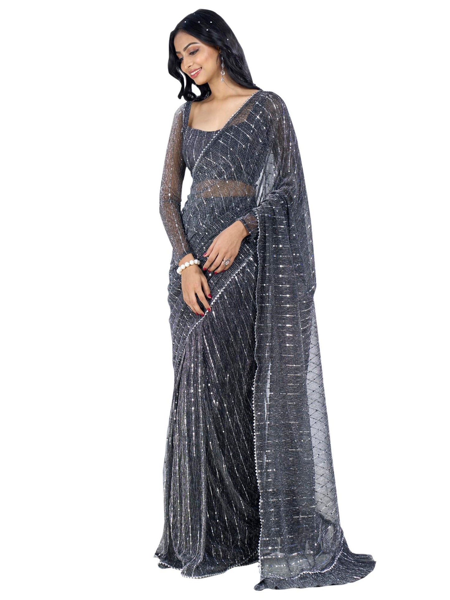 SAREE MALL Women's Embellished Printed Ready To Wear one Minute Ready To Wear one Minute Saree With Unstitched Blouse (Black_RTWMAHEK5001E_MK)