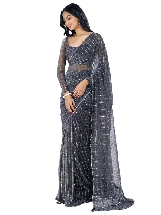 SAREE MALL Women's Embellished Printed Ready To Wear one Minute Ready To Wear one Minute Saree With Unstitched Blouse (Black_RTWMAHEK5001E_MK)