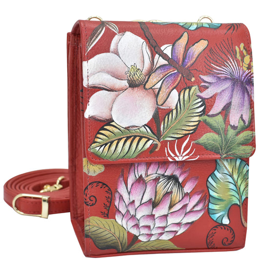 Anuschka Women’s Hand-Painted Genuine Leather Triple Compartment Crossbody Organiser - Crimson Garden