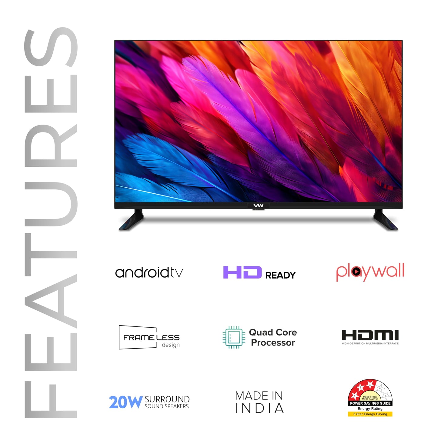 VW 80 cm (32 inches) Playwall Frameless Series HD Ready Android Smart LED TV VW32F5 (Black)