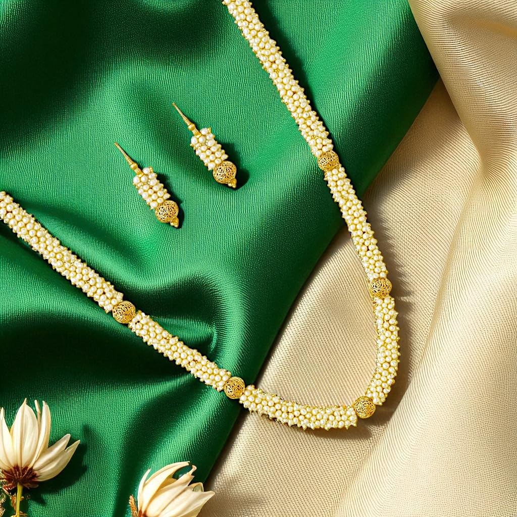 ACCESSHER Traditional Gold Plated Long Necklace Set with Earrings | Pearl Beaded Ethnic Jewellery Set for Wedding For Women & Girls