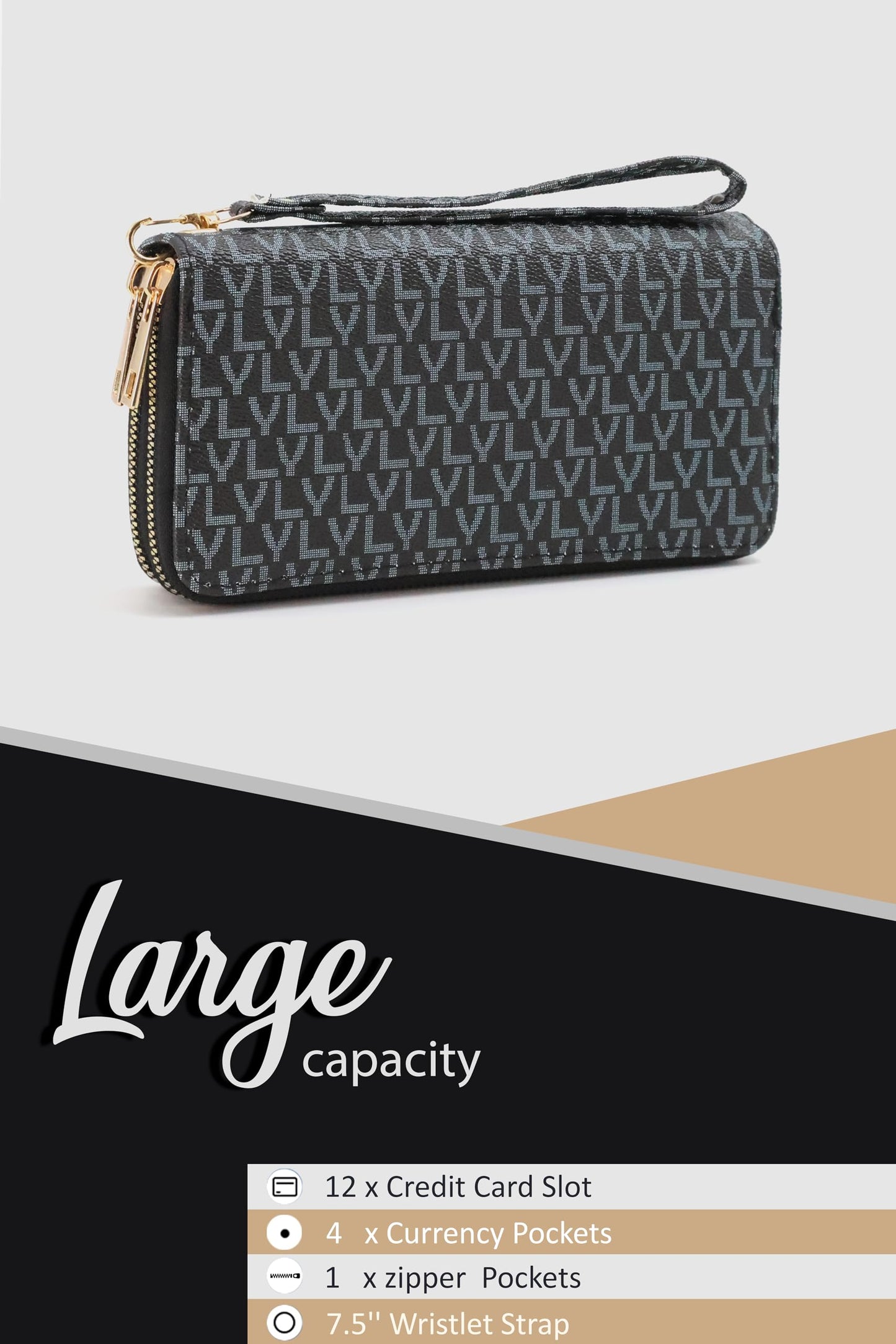 Lyrovo Purse Clutch Wallet for Women - PU Leather Double Zip Card Coin Holder with Wrist Strap (LY, Black)