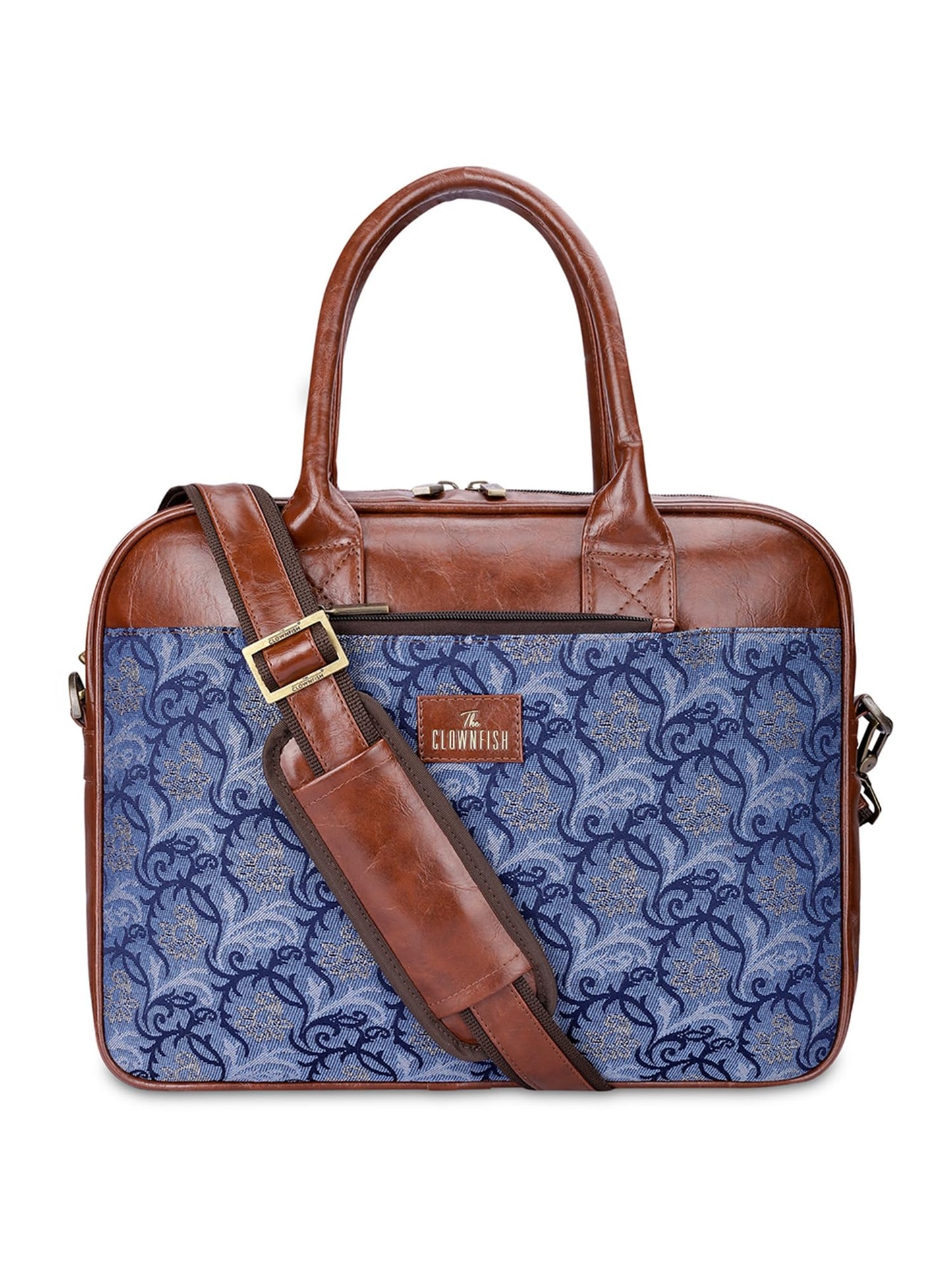 THE CLOWNFISH Deborah series 15.6 inch Laptop Bag For Women Tapestry Fabric & Faux Leather Office Bag Briefcase Messenger Sling Handbag Business Bag (Blue-Floral)