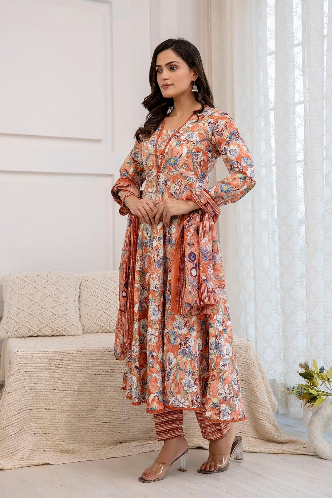 PARTHVI Women's Printed Cotton Anarkali Kurta and Pant with Dupatta Set (6X-Large Peach)