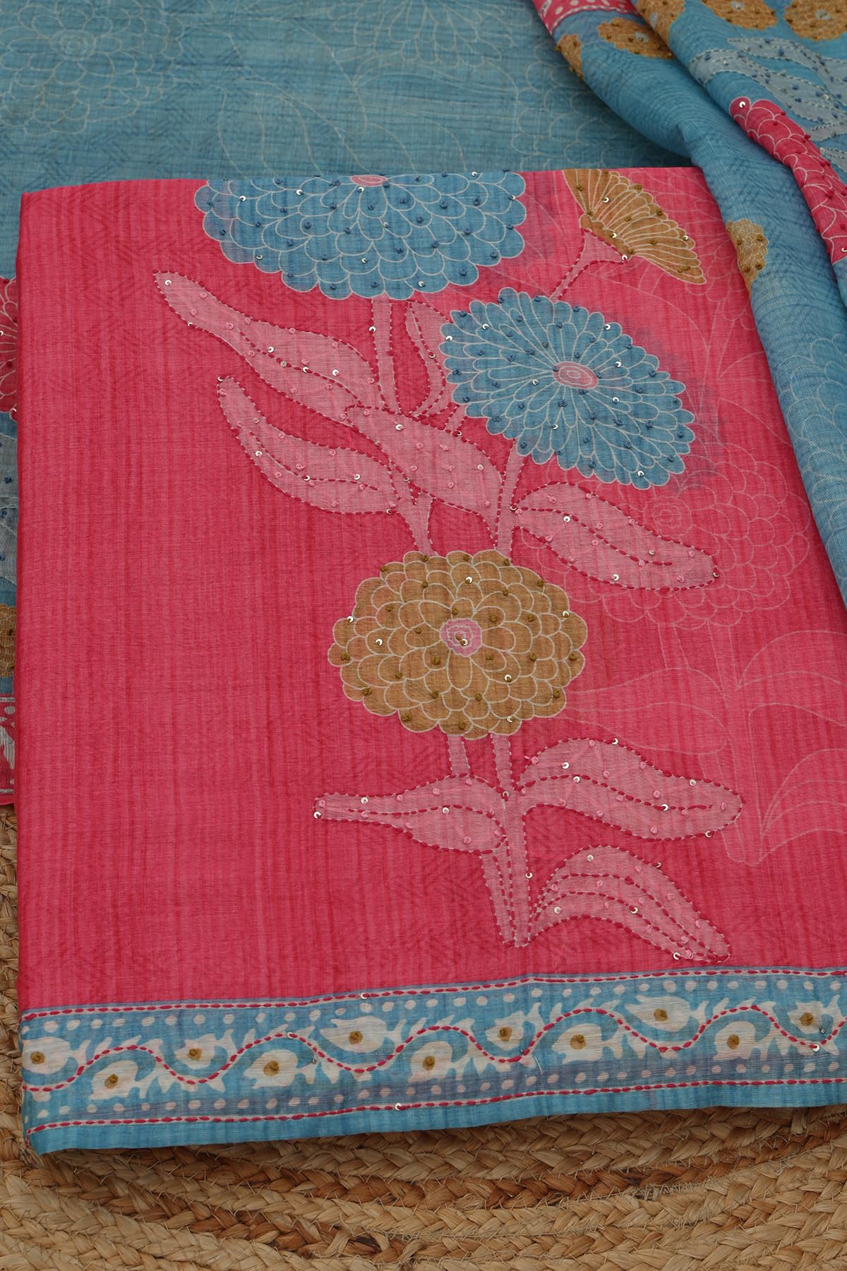 Soch Womens Pink Chanderi Floral Dress Material With Sequins